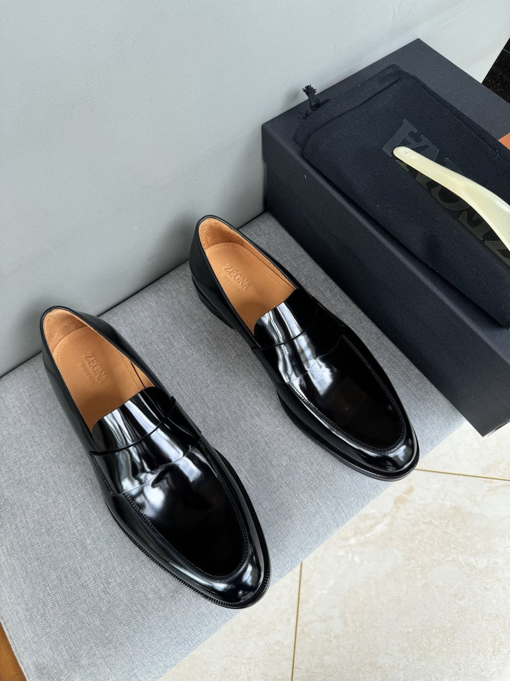 Zegna Glossy Black Leather Loafers — front