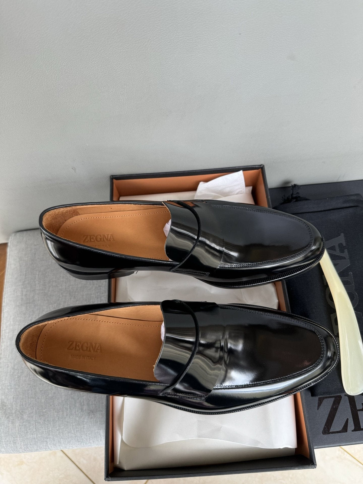 Zegna Glossy Black Leather Loafers — hero