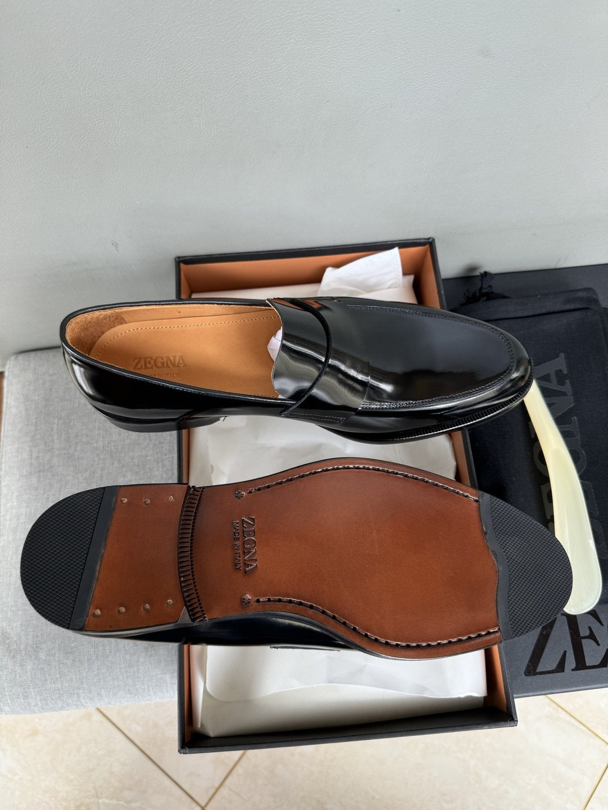 Zegna Glossy Black Leather Loafers — side