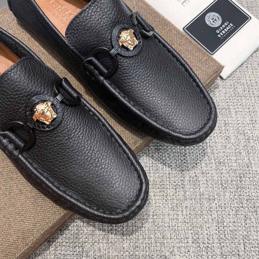 Versace Black Gold-Emblem Slip-On Loafers — detail