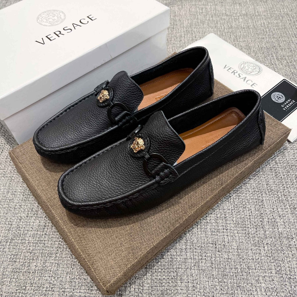 Versace Black Gold-Emblem Slip-On Loafers — front