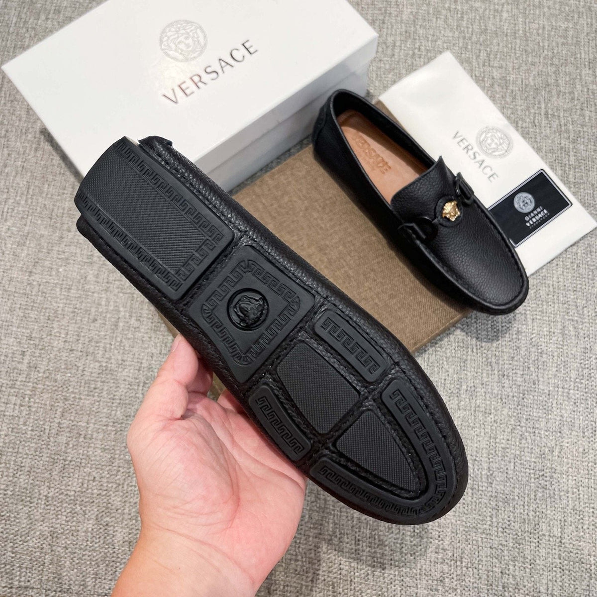Versace Black Gold-Emblem Slip-On Loafers — detail