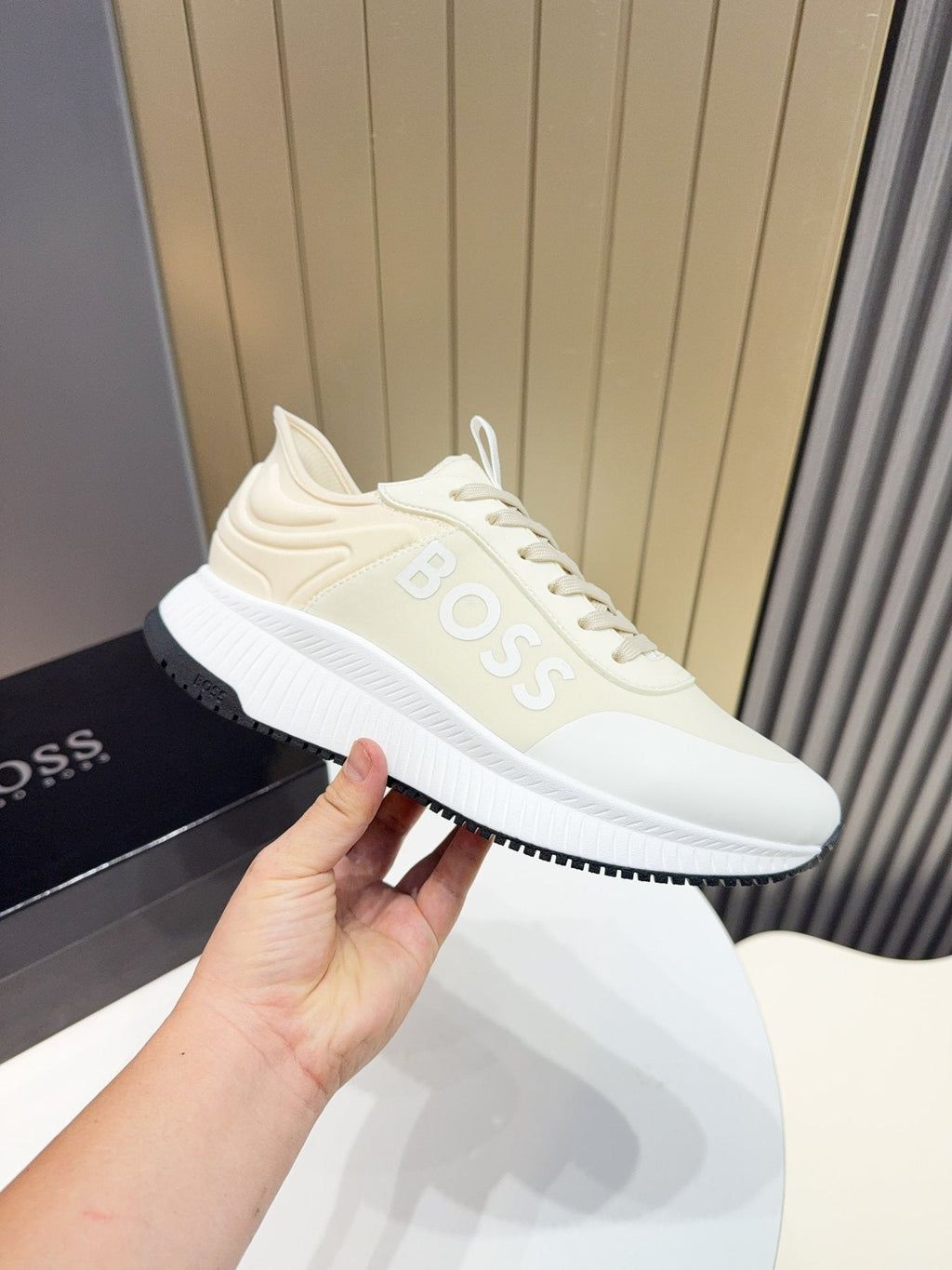 Hugo Boss Cream White Knit Sneakers — model