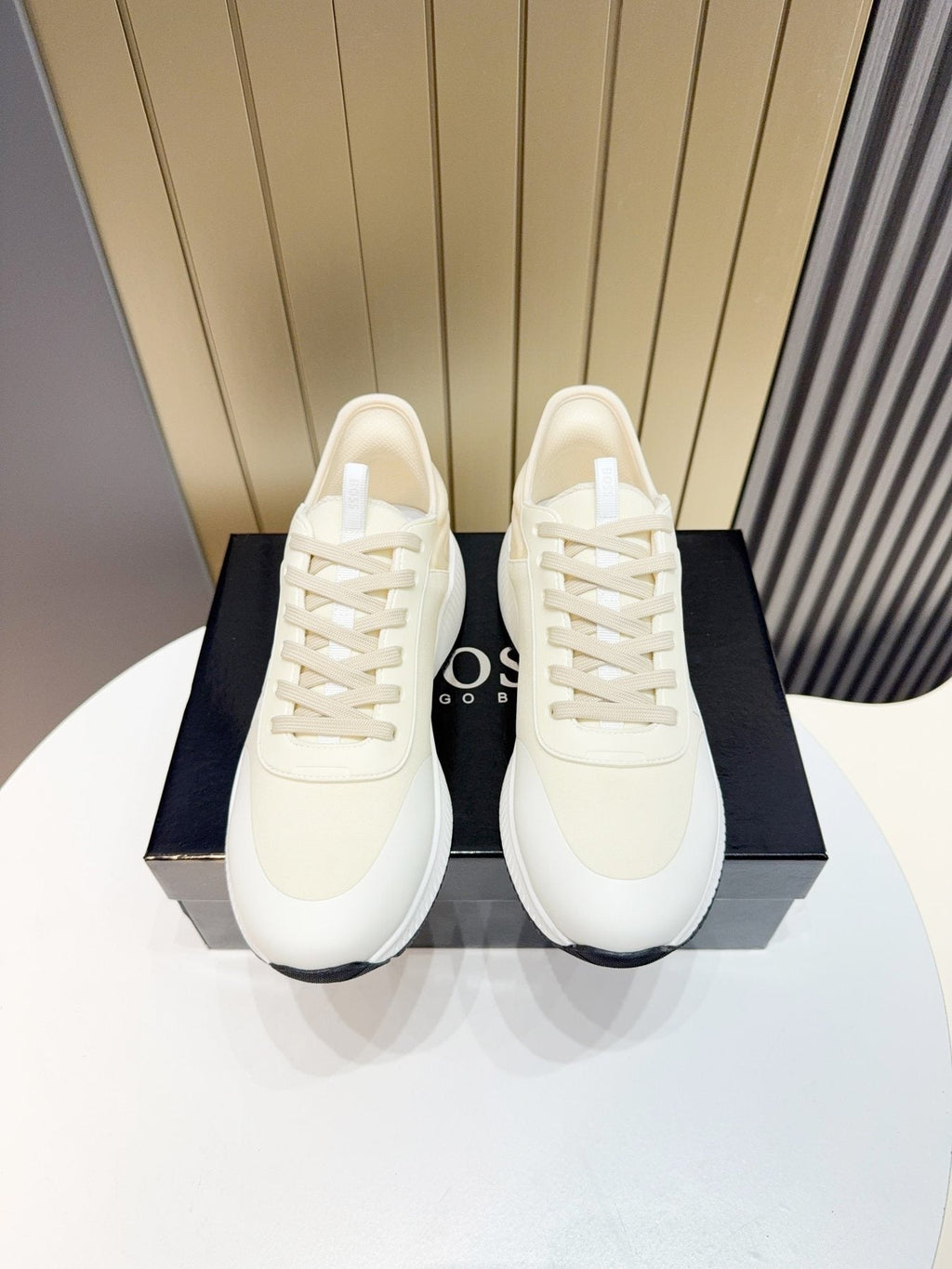 Hugo Boss Cream White Knit Sneakers — front
