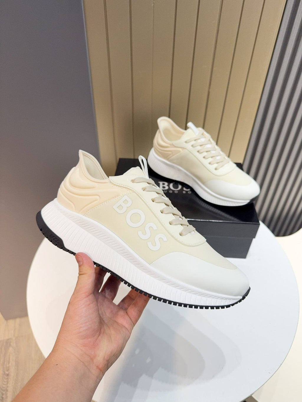 Hugo Boss Cream White Knit Sneakers — model