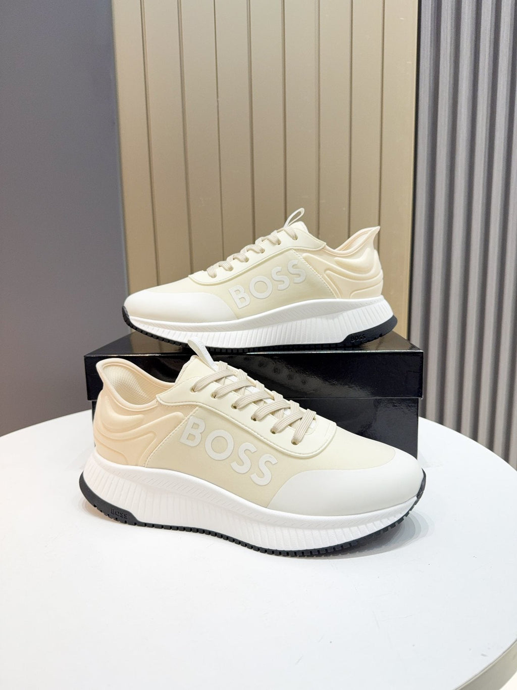 Hugo Boss Cream White Knit Sneakers — side