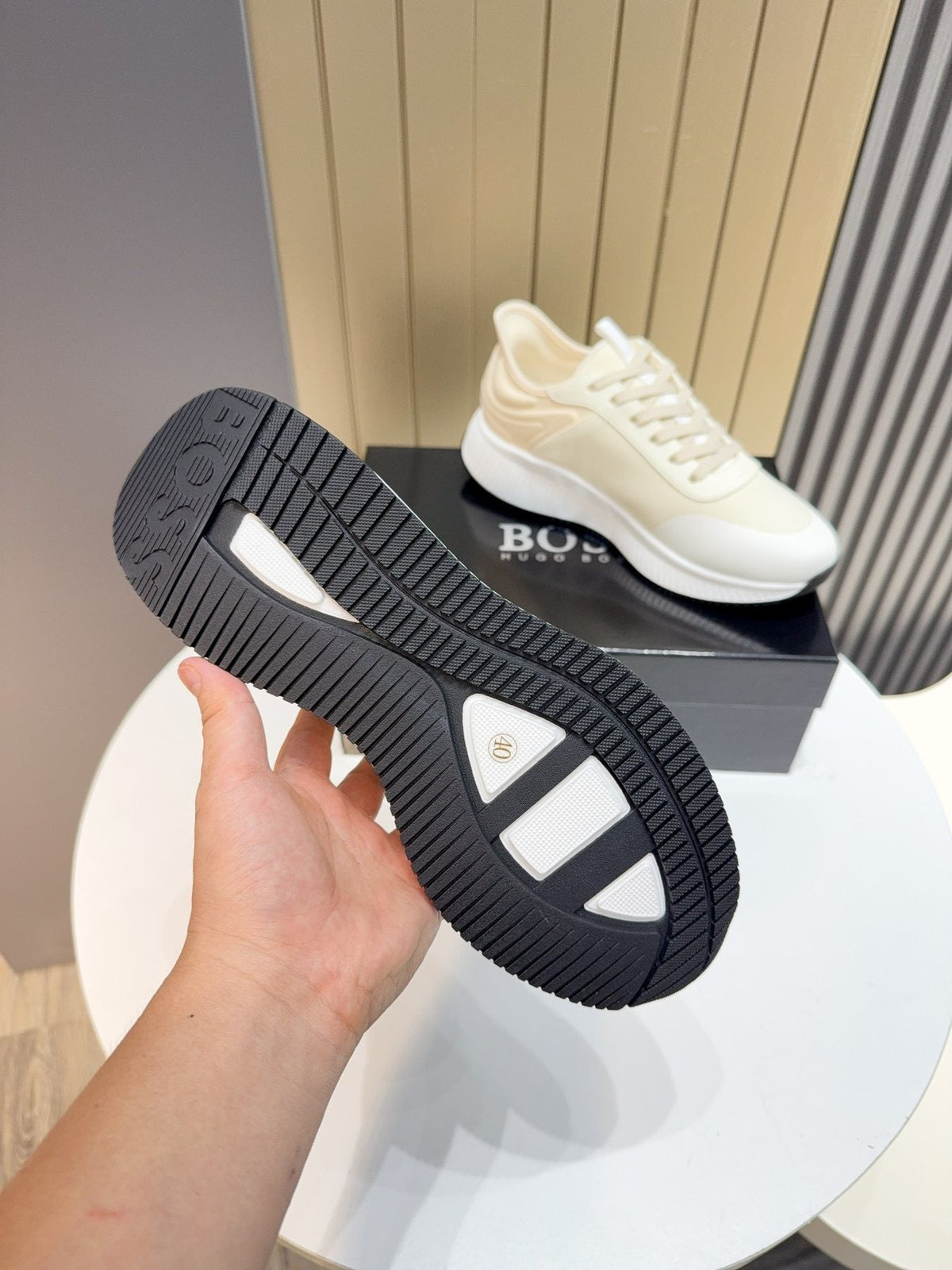 Hugo Boss Cream White Knit Sneakers — detail