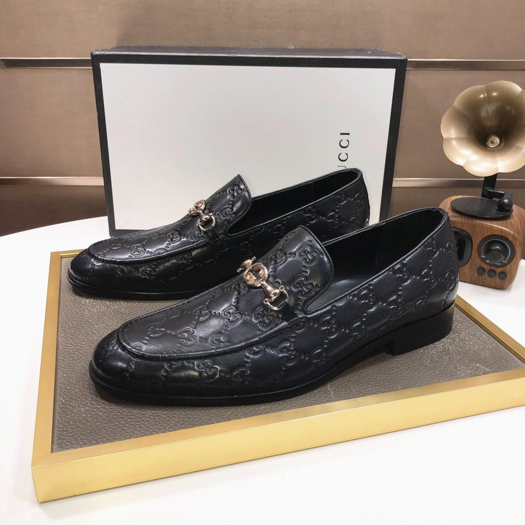 GUCCI Black Embossed Horsebit Loafers — front