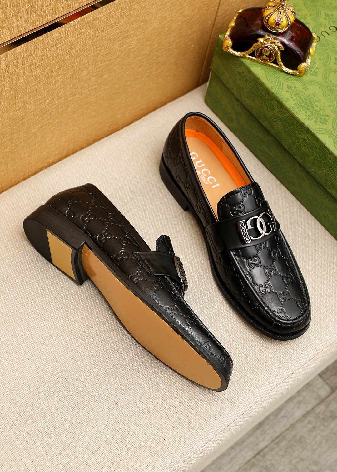 GUCCI Black Embossed Leather Loafers — front