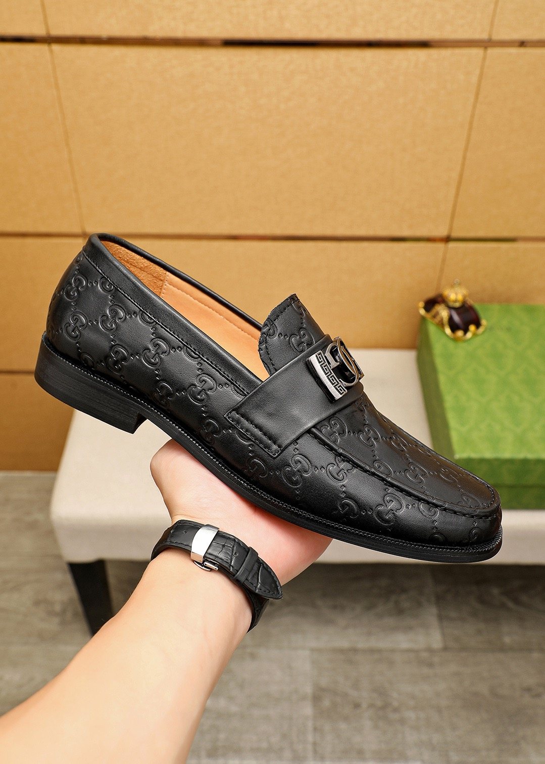 GUCCI Black Embossed Leather Loafers — side