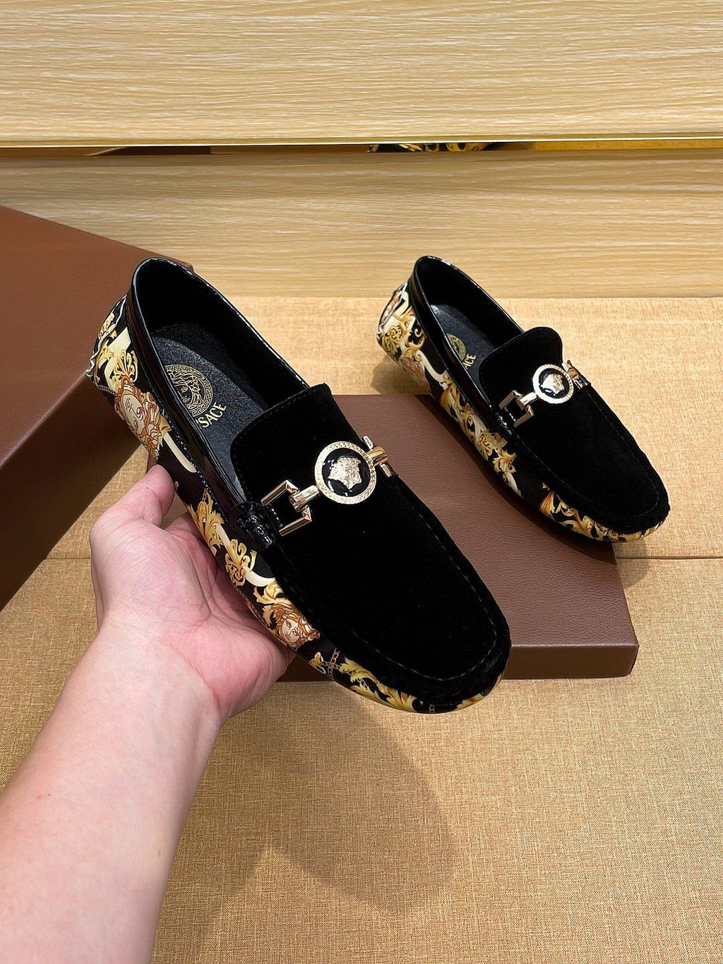 Versace Black and Gold Loafers — model