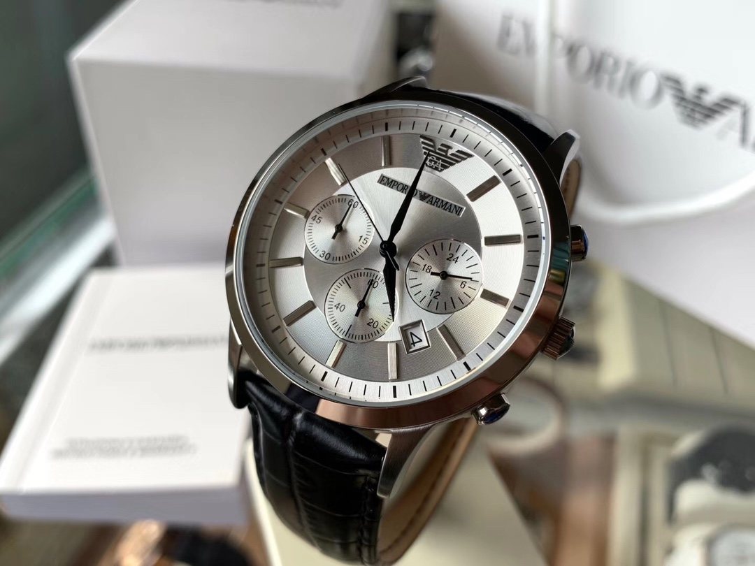 EMPORIO ARMANI Silver Dial Black Leather Strap Watch — hero