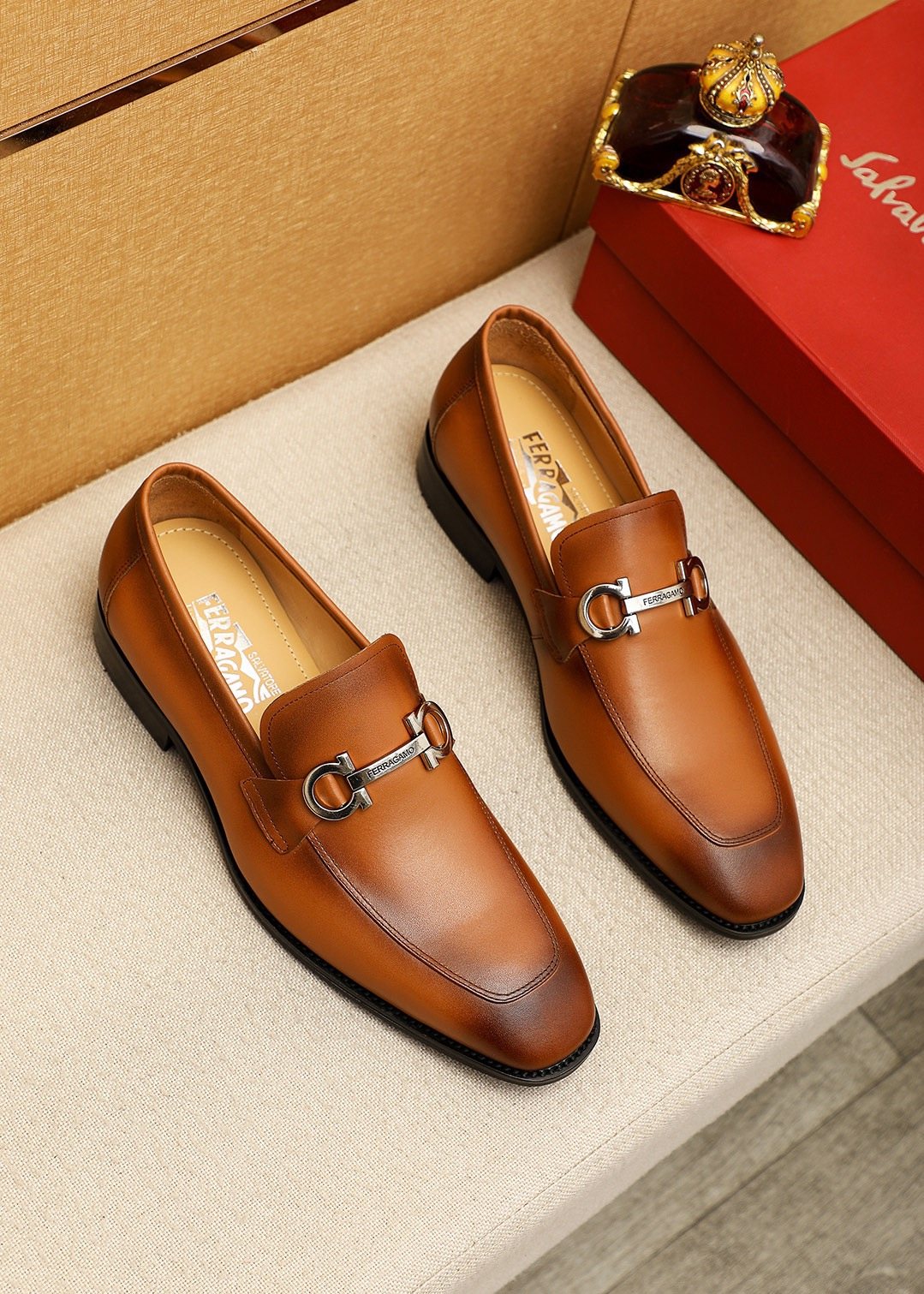 Ferragamo Brown Leather Hardware Loafers — hero