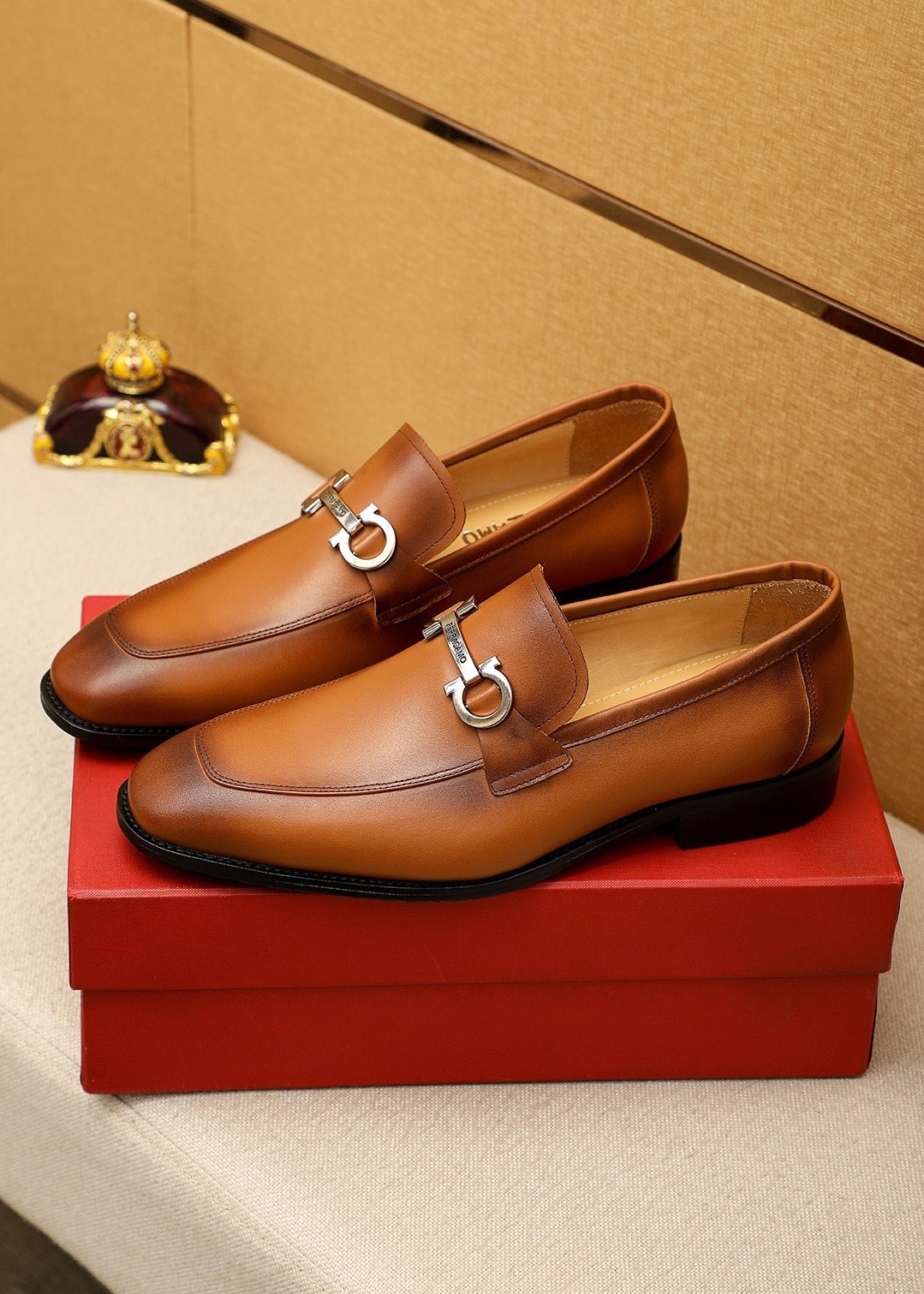 Ferragamo Brown Leather Hardware Loafers — front
