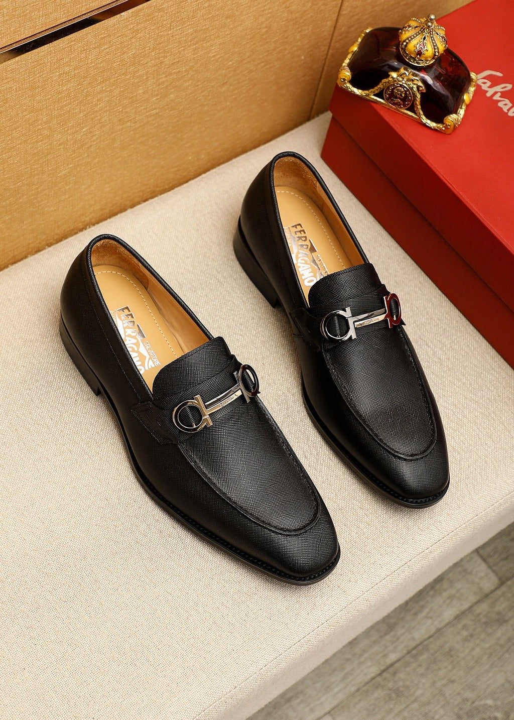 Ferragamo Black Buckle Leather Loafers — front