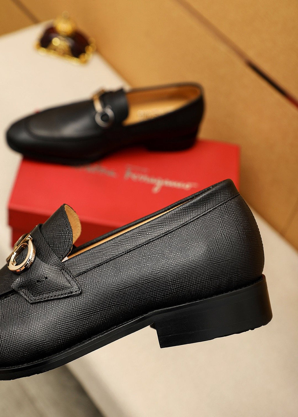 Ferragamo Black Buckle Leather Loafers — back