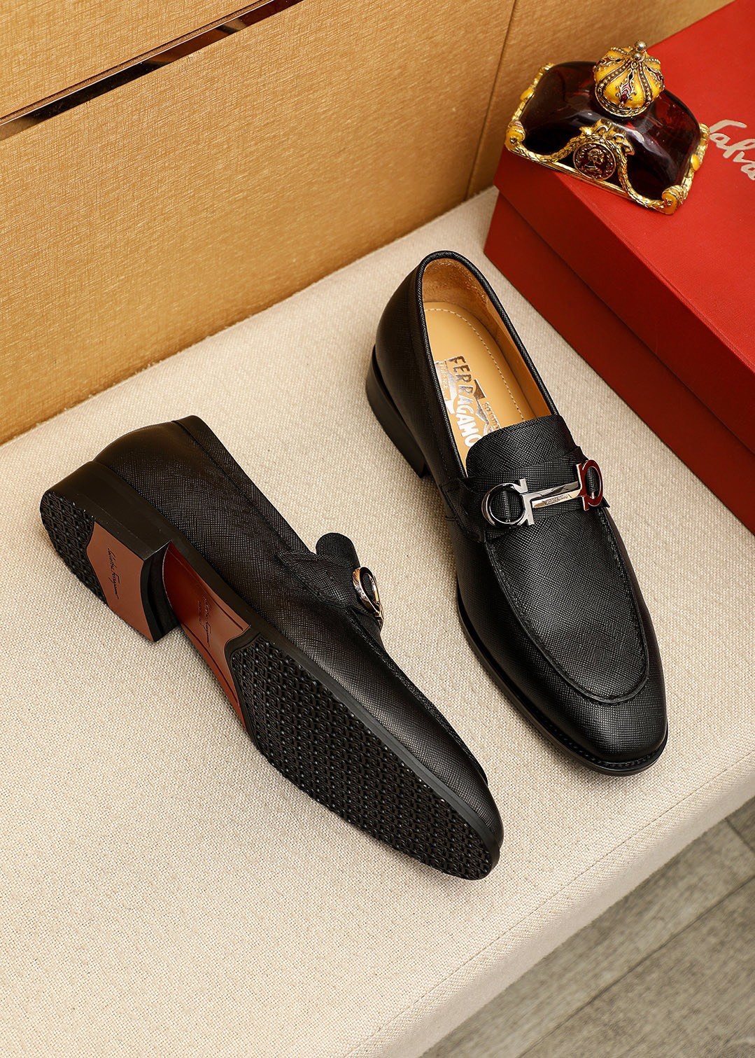 Ferragamo Black Buckle Leather Loafers — front