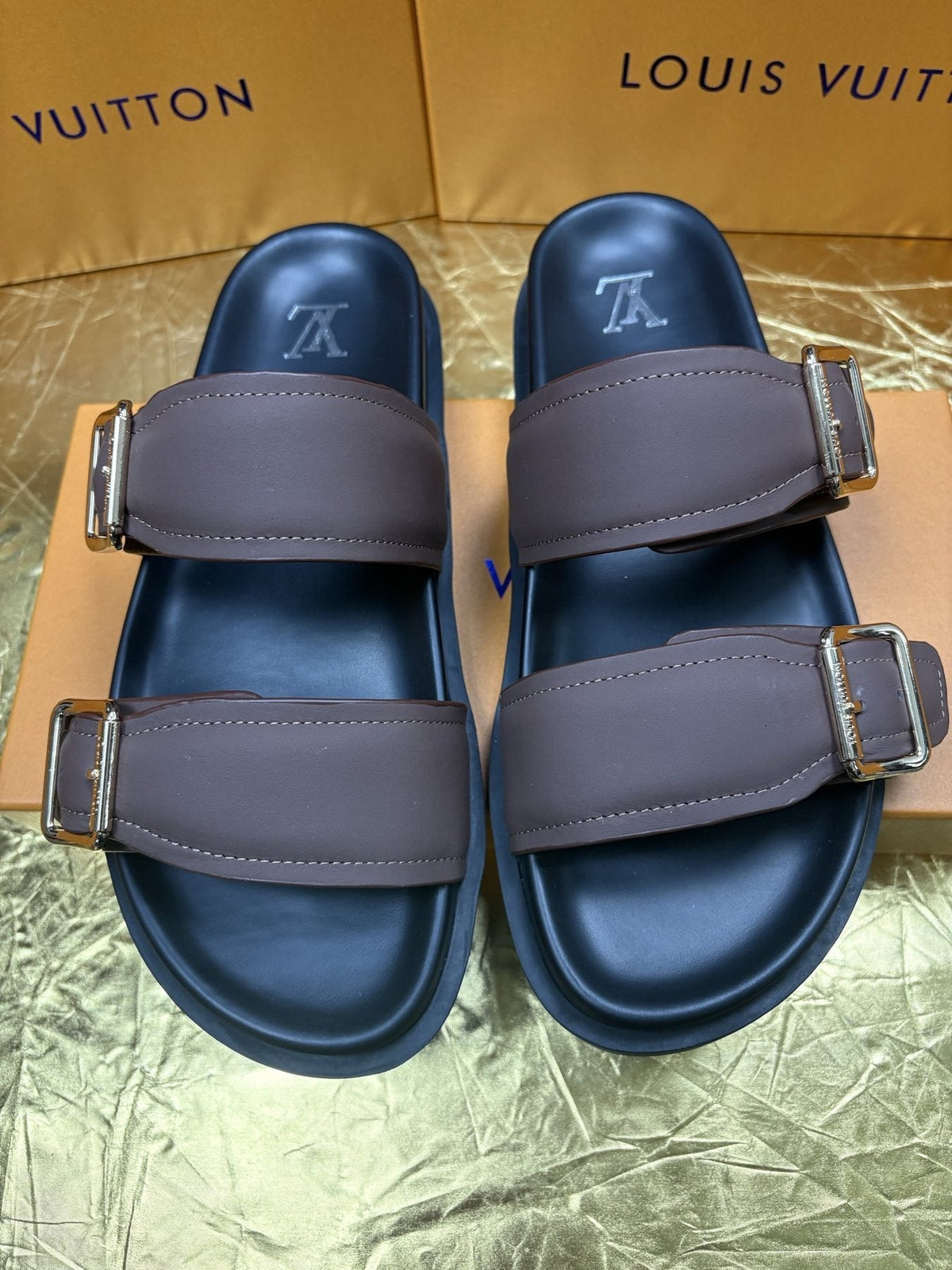 Louis Vuitton Brown Double-Buckle Sandals — front
