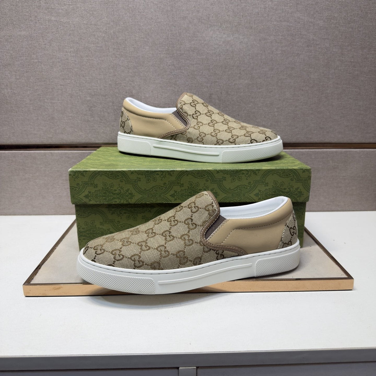 Men's Beige Patterned Slip-On Sneakers — front