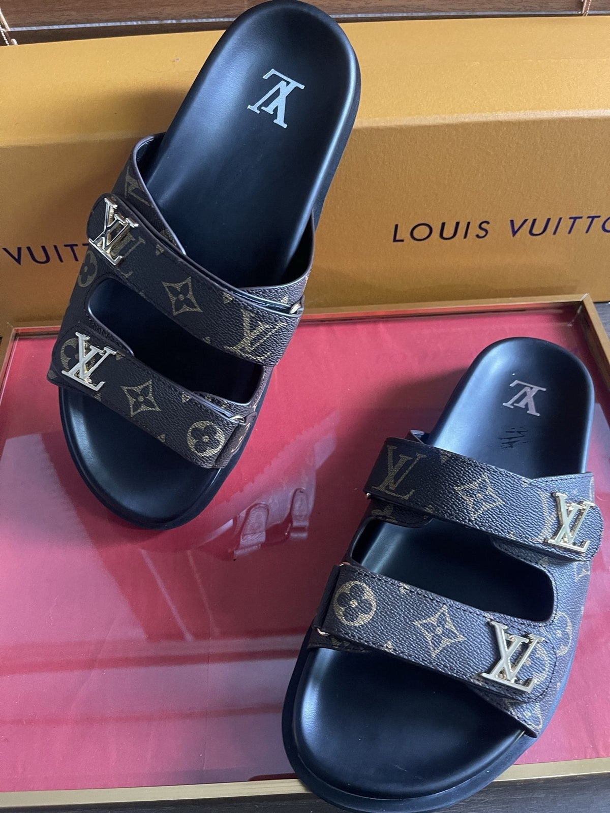 Louis Vuitton Dark Gray Monogram Slide Sandals — side