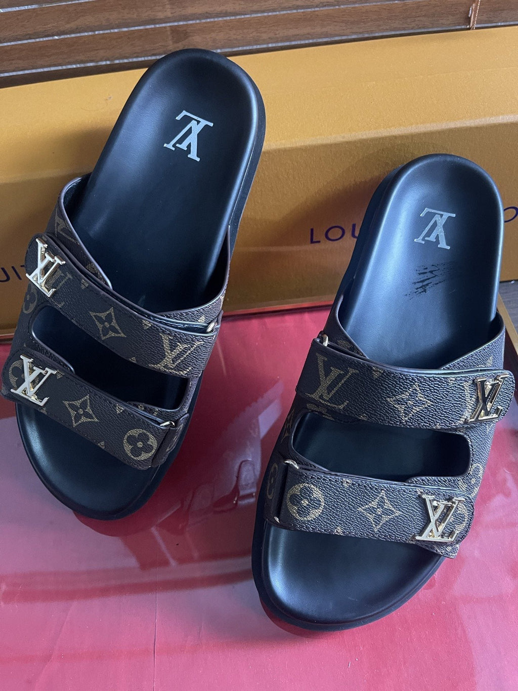 Louis Vuitton Dark Gray Monogram Slide Sandals — hero