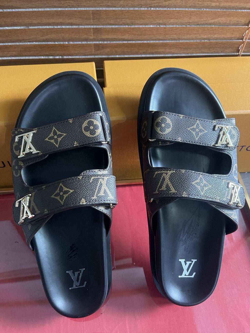 Louis Vuitton Dark Gray Monogram Slide Sandals — front