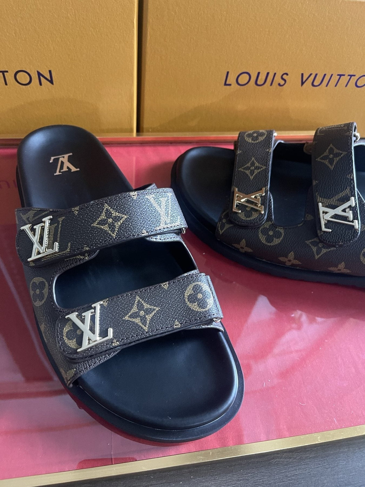 Louis Vuitton Dark Gray Monogram Slide Sandals — front