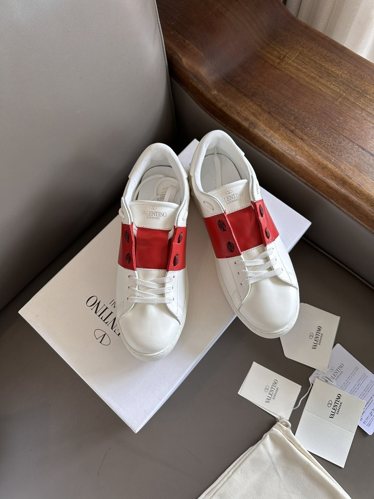Valentino White and Red Studded Low-Top Sneakers — front