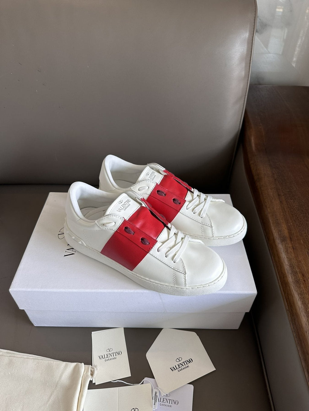 Valentino White and Red Studded Low-Top Sneakers — front