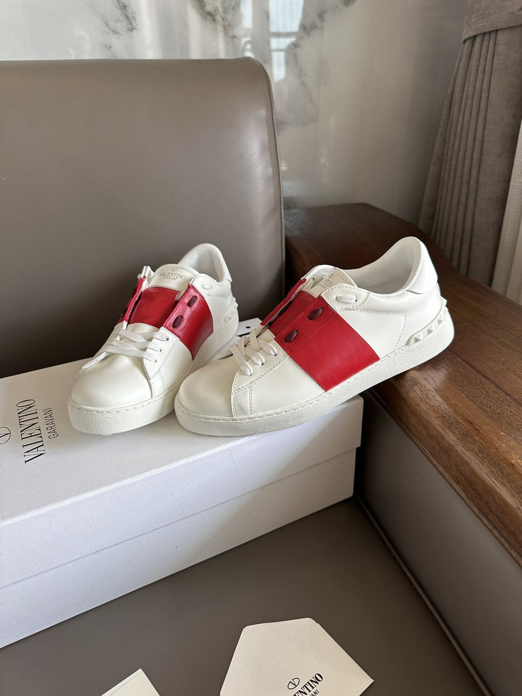 Valentino White and Red Studded Low-Top Sneakers — side