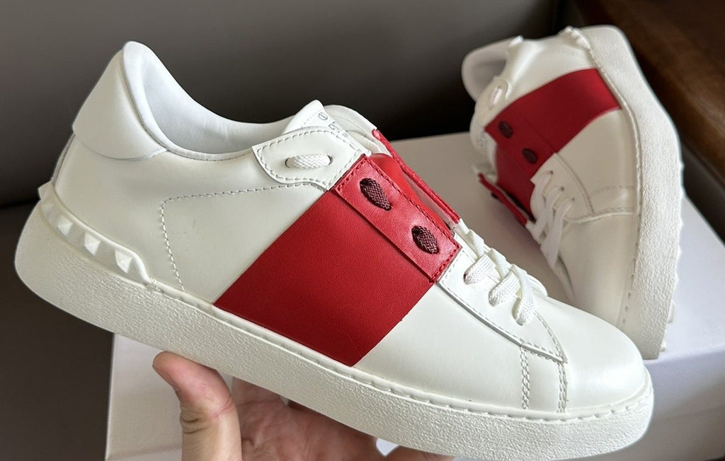 Valentino White and Red Studded Low-Top Sneakers — hero
