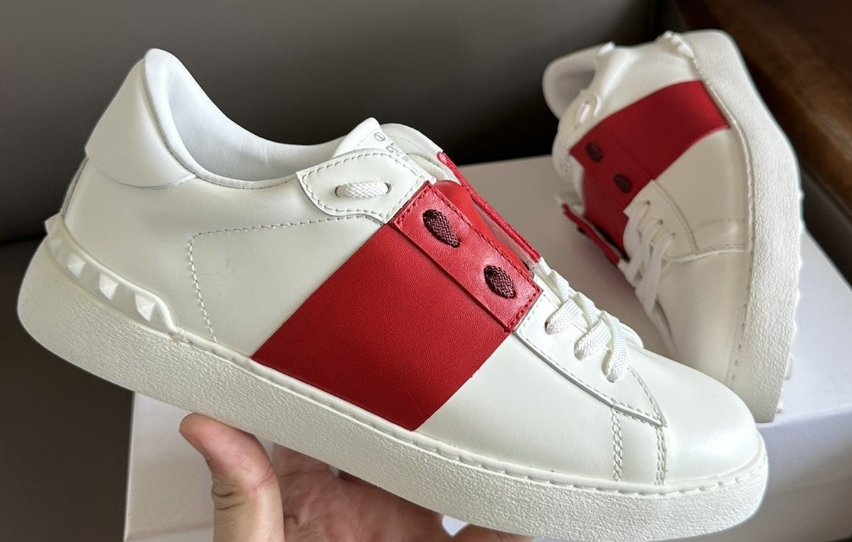 Valentino White and Red Studded Low-Top Sneakers — hero