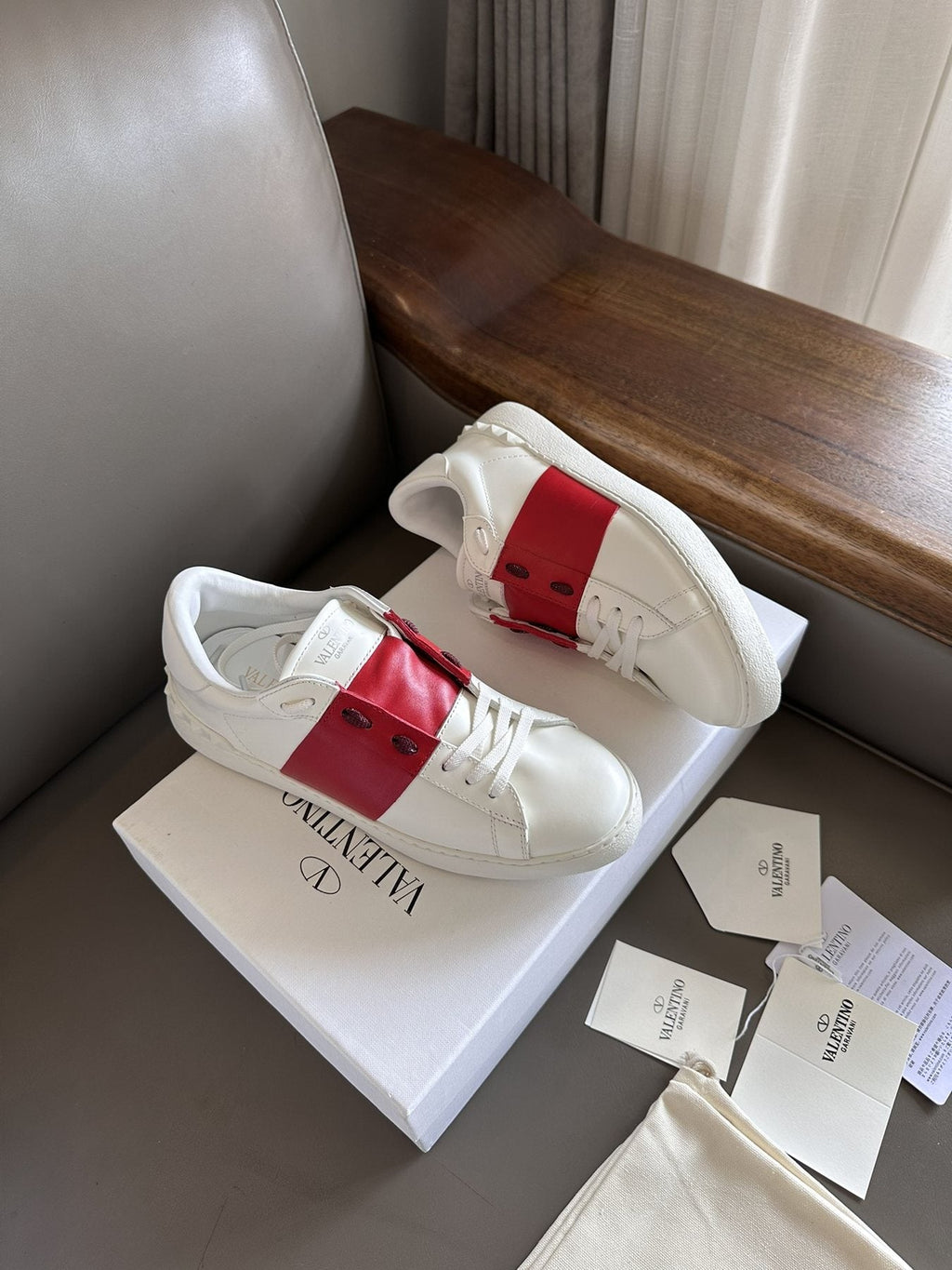 Valentino White and Red Studded Low-Top Sneakers — side
