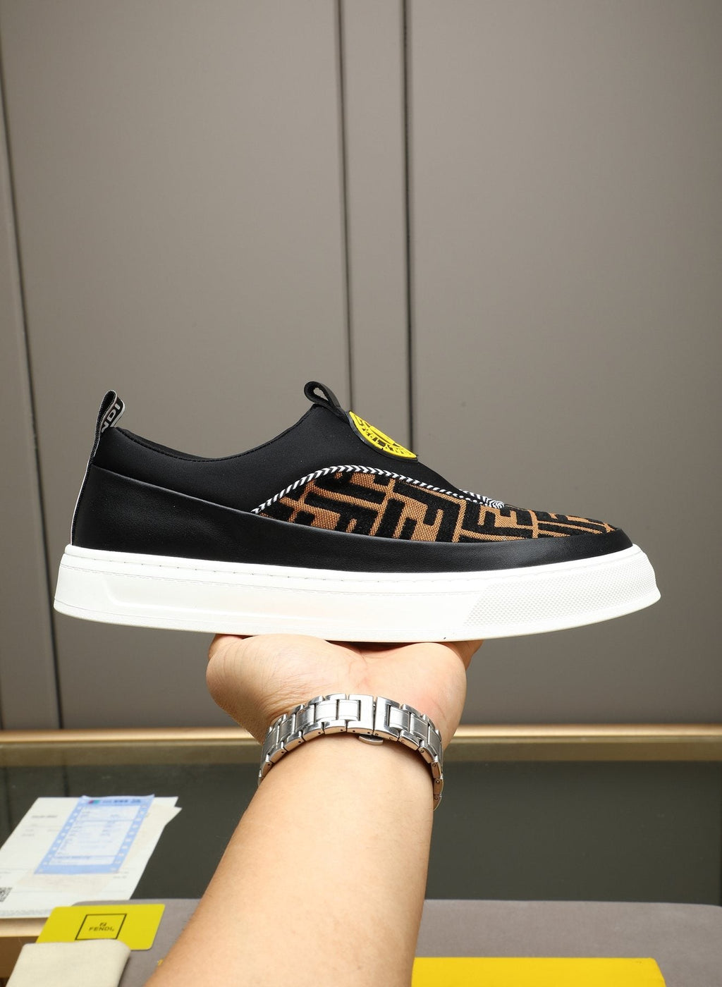Fendi Brown Panel Slip-On Sneakers — side