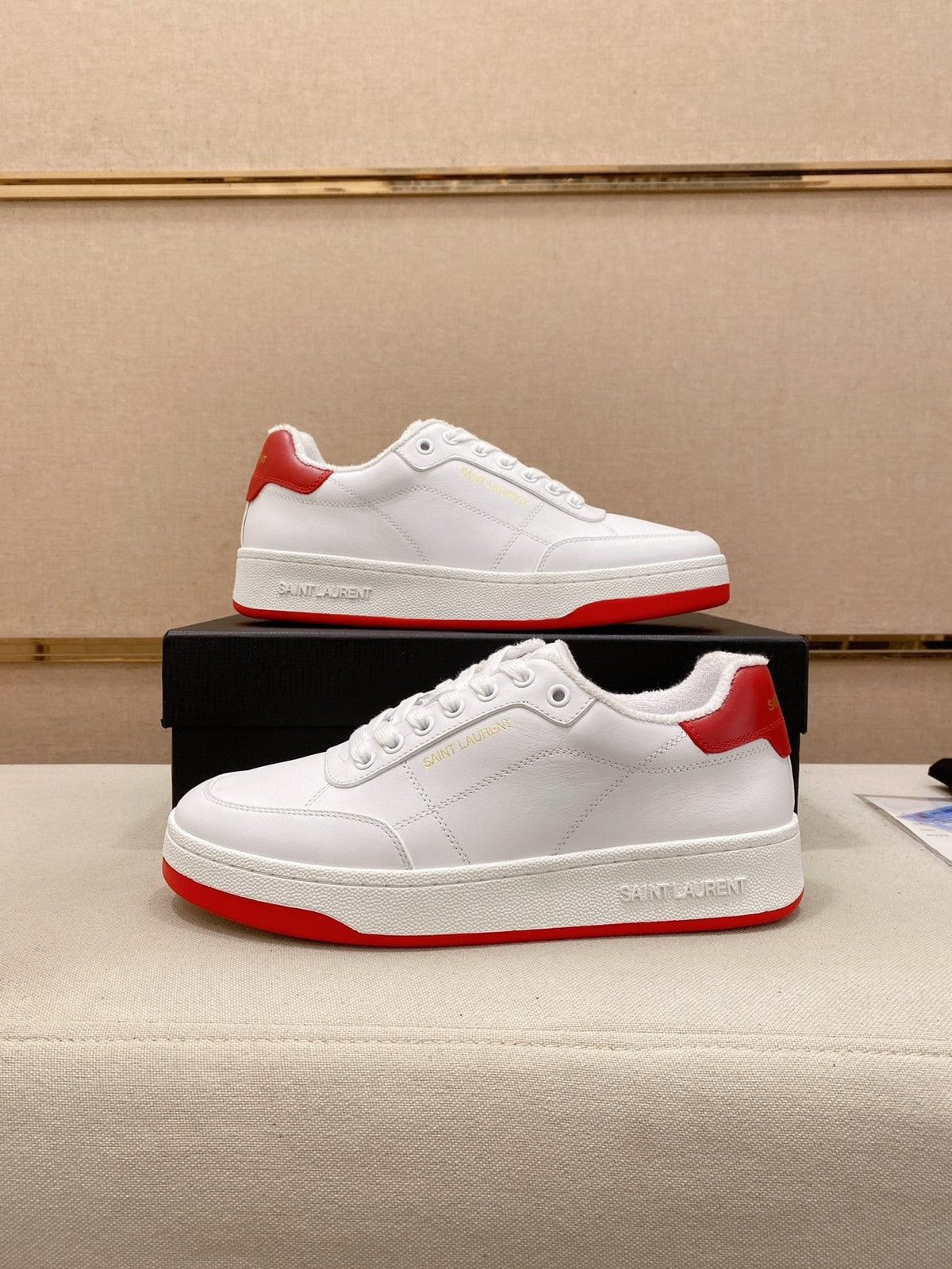 Saint Laurent White Red Perforated Low-Top Sneakers — side