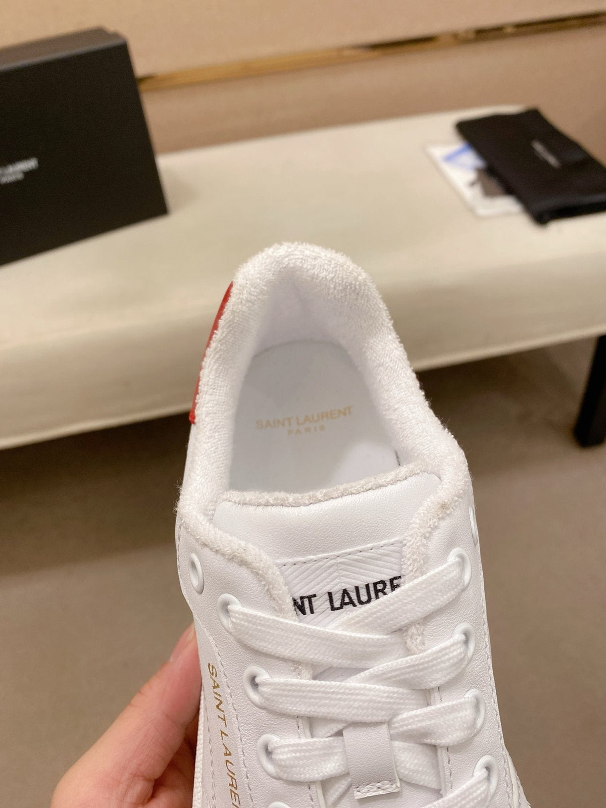 Saint Laurent White Red Perforated Low-Top Sneakers — detail