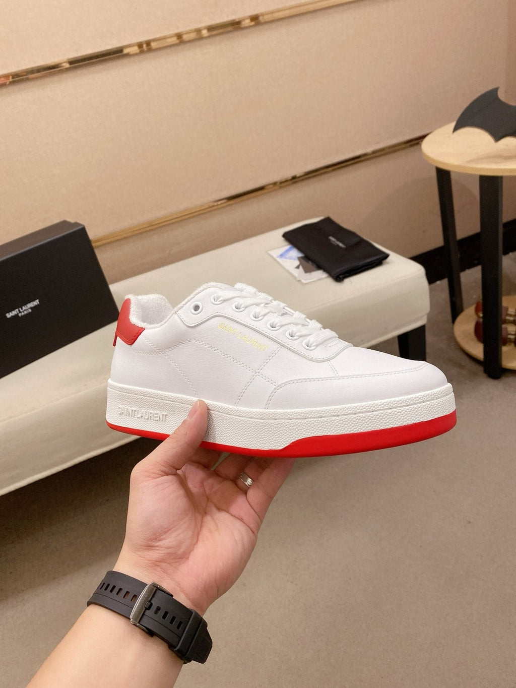 Saint Laurent White Red Perforated Low-Top Sneakers — side
