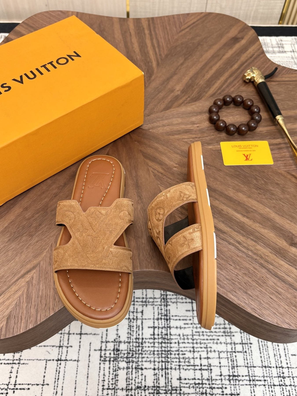 Louis Vuitton Tan Monogram Slide Sandals — front
