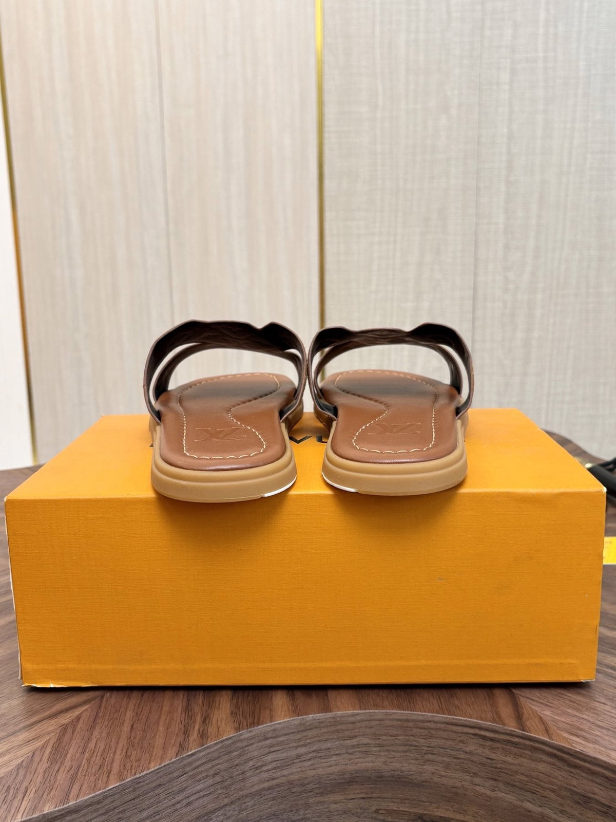 Louis Vuitton Tan Monogram Slide Sandals — back