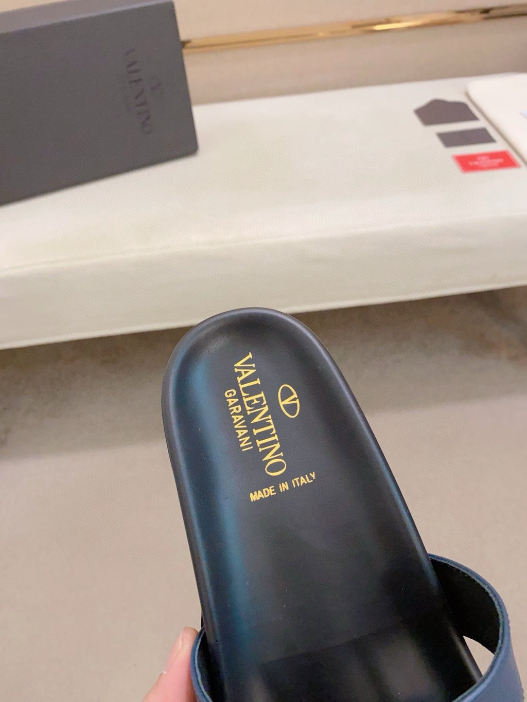 Valentino Navy Blue Buckle Slide Sandals — detail