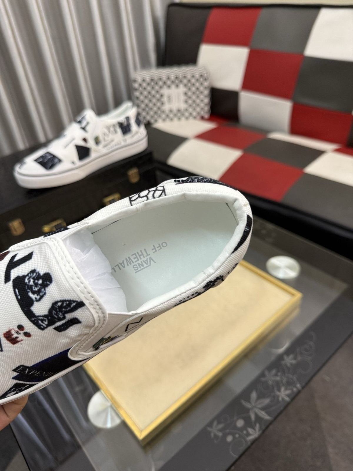 White Graphic Print Slip-On Shoes — detail