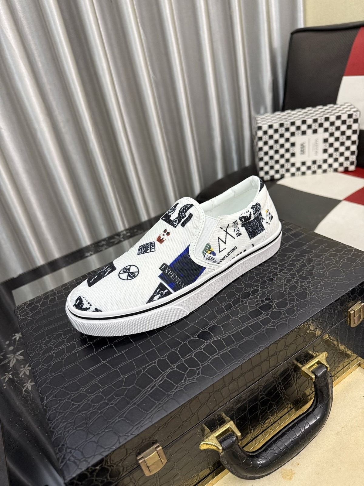 White Graphic Print Slip-On Shoes — front