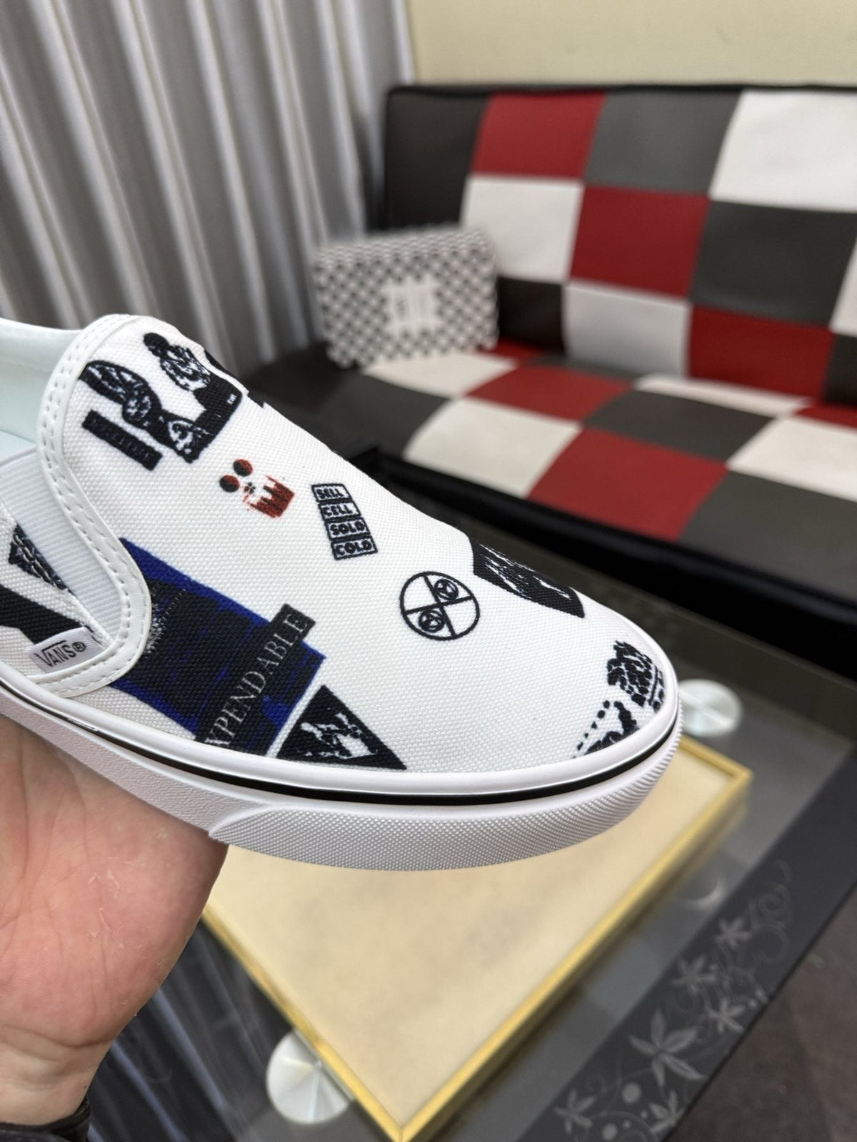 White Graphic Print Slip-On Shoes — detail