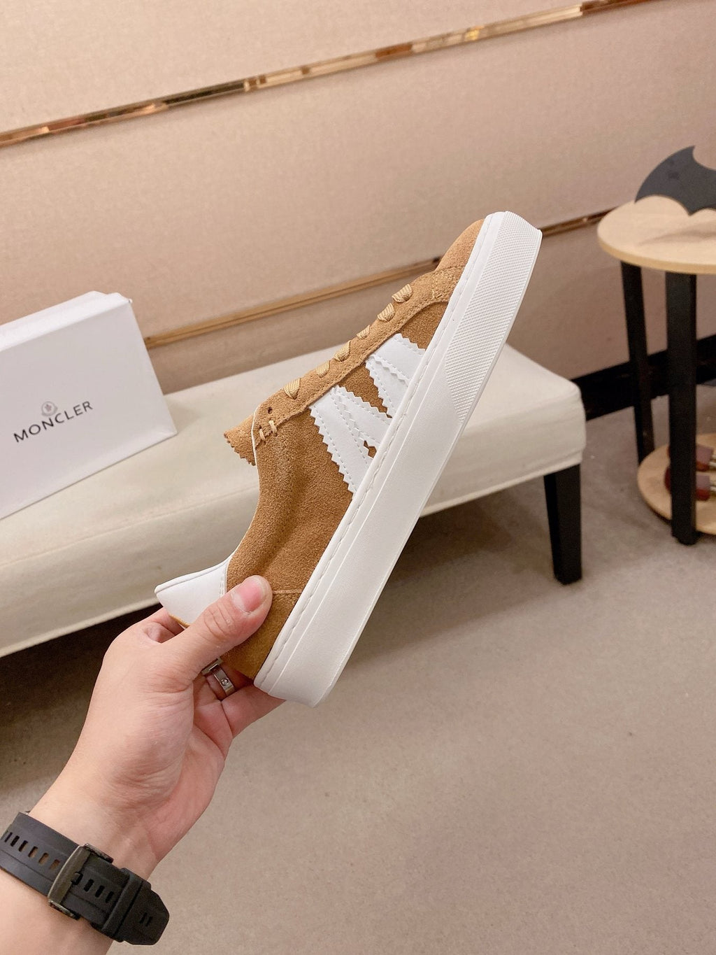 MONCLER Tan and White Stripe Sneakers — detail