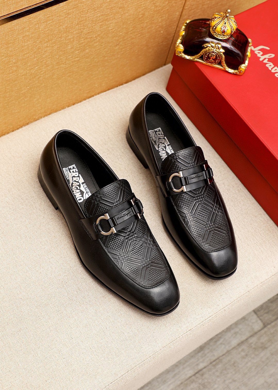Ferragamo Black Embossed Buckle Loafers — hero