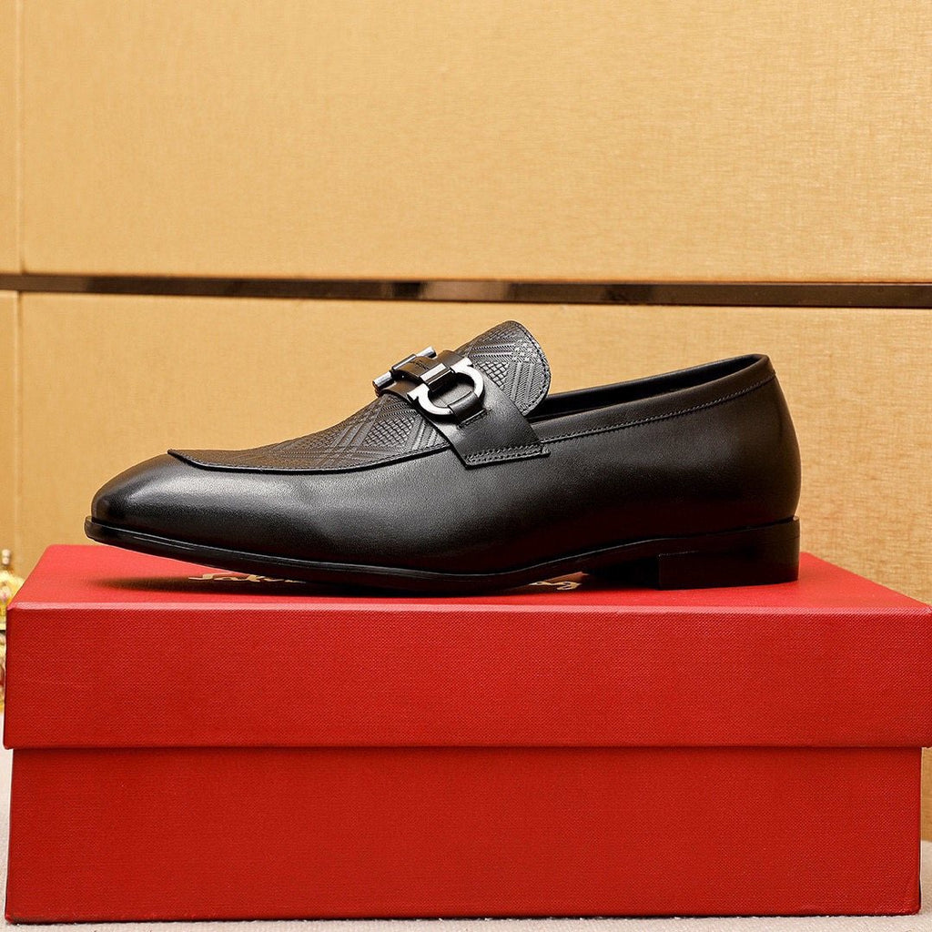 Ferragamo Black Embossed Buckle Loafers — side