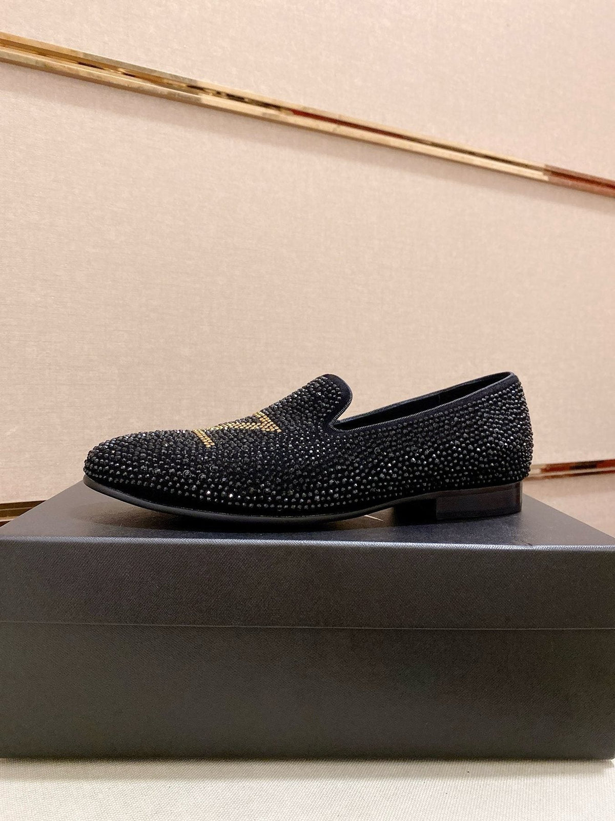 Giuseppe Zanotti Black Studded Gold Accent Loafers — side