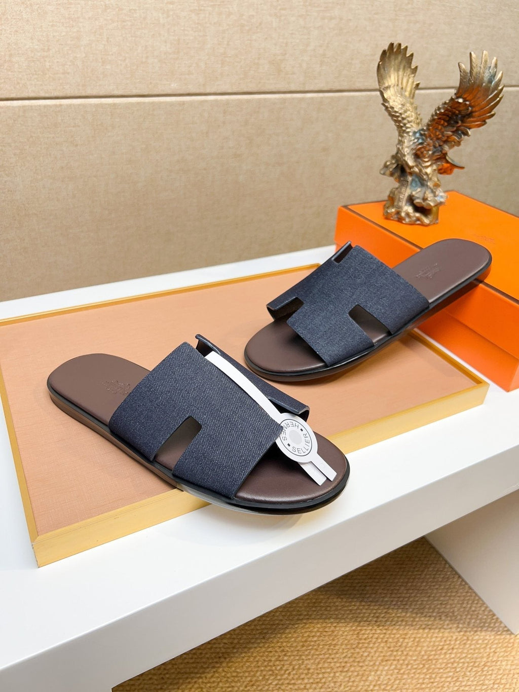 Hermès Dark Navy Blue H-Strap Slide Sandals — side