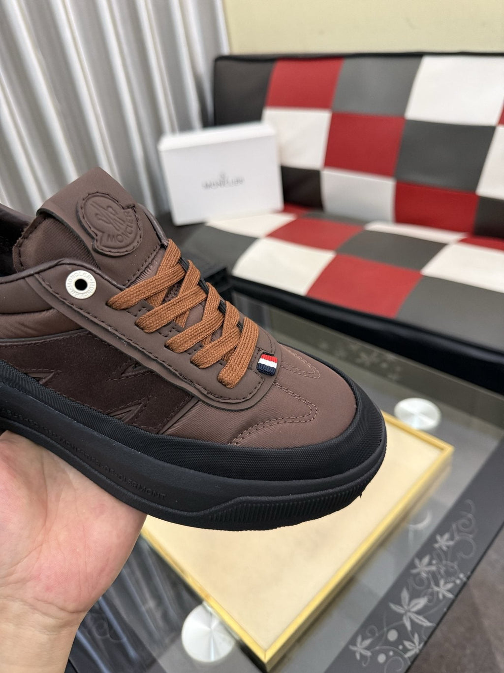 微商相册测试鞋子-Moncler Dark Brown and Black Low-Top Sneakers — model