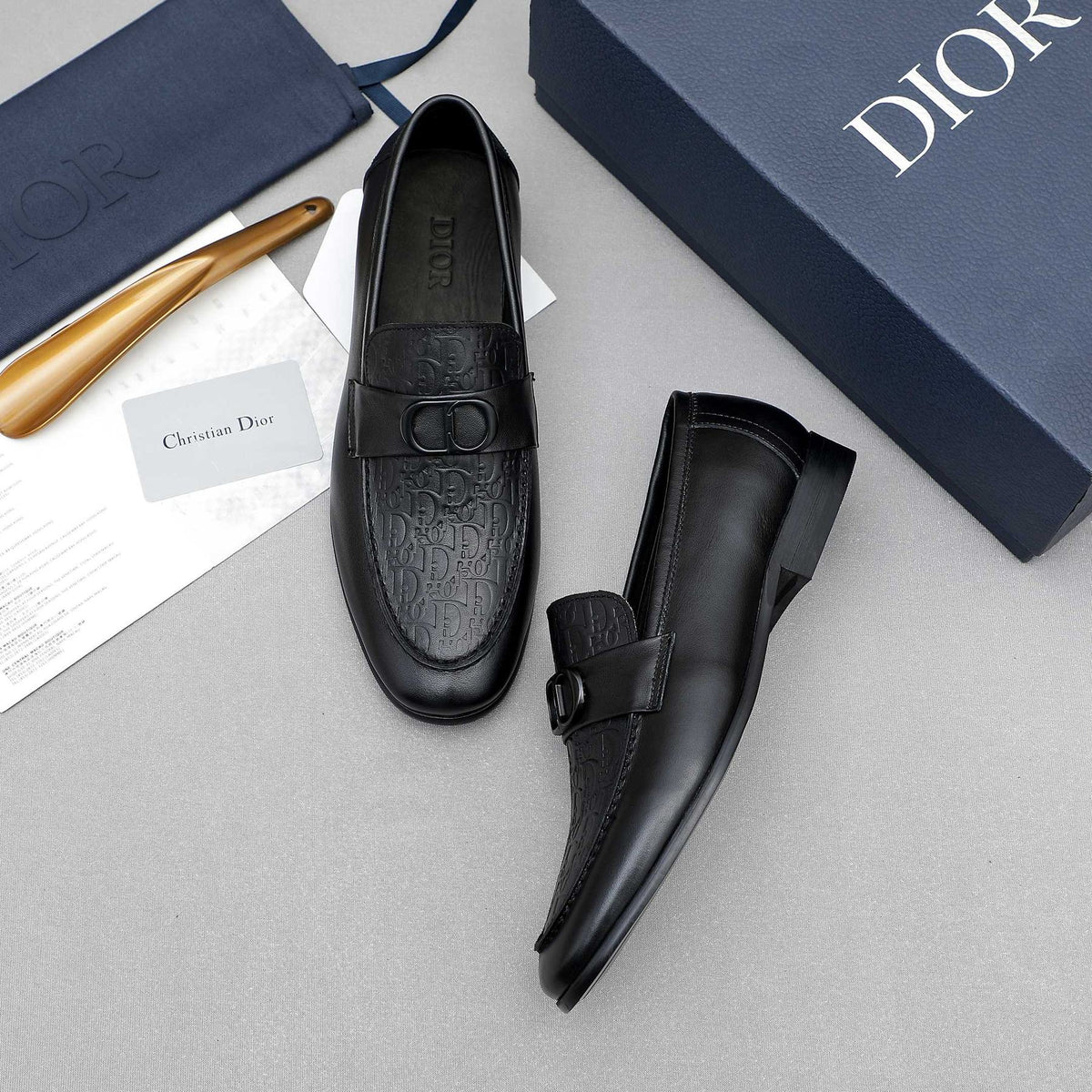 Dior Black Textured Buckle Loafers — front